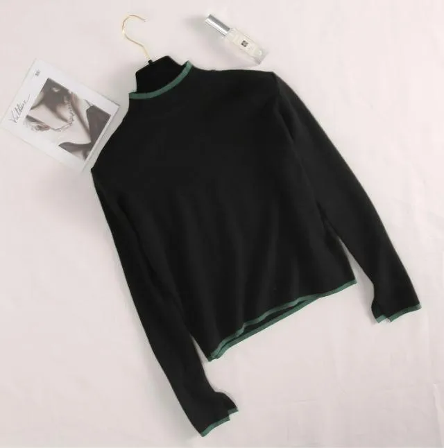 Half High Neck Side Contrast Color Slit Knitted Sweater