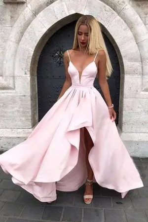 High Low V Neck Pink Satin Prom Dress, V Neck Pink Formal Graduation Evening Dress