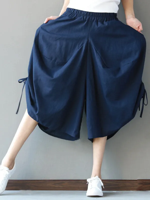 High Waisted Loose Drawstring Elasticity Solid Color Split-Joint Cropped Trousers Pants