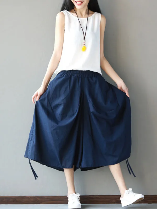 High Waisted Loose Drawstring Elasticity Solid Color Split-Joint Cropped Trousers Pants