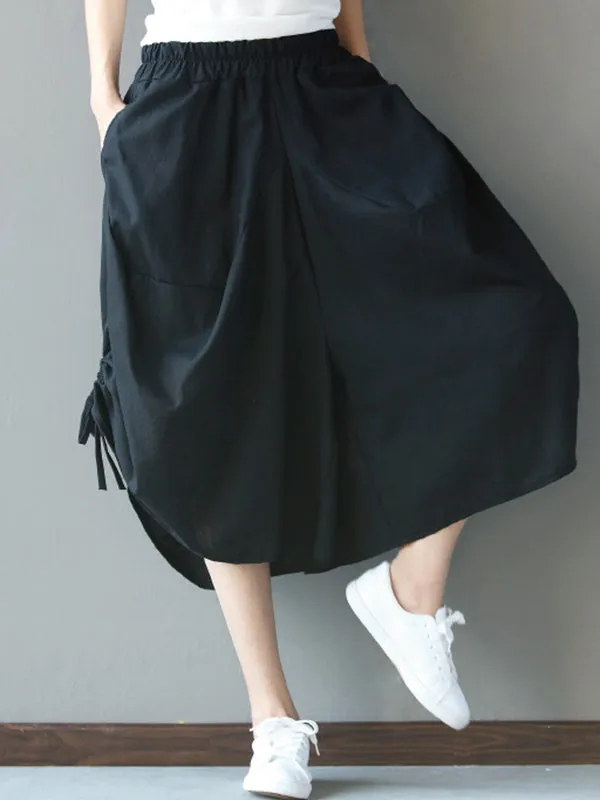 High Waisted Loose Drawstring Elasticity Solid Color Split-Joint Cropped Trousers Pants