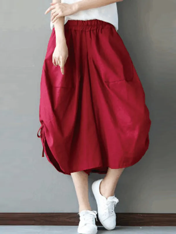 High Waisted Loose Drawstring Elasticity Solid Color Split-Joint Cropped Trousers Pants