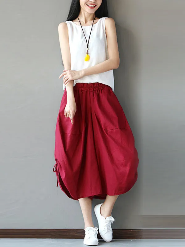 High Waisted Loose Drawstring Elasticity Solid Color Split-Joint Cropped Trousers Pants