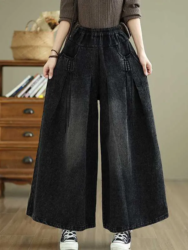 High Waisted Loose Elasticity Pleated Pockets Jean Pants Bottoms