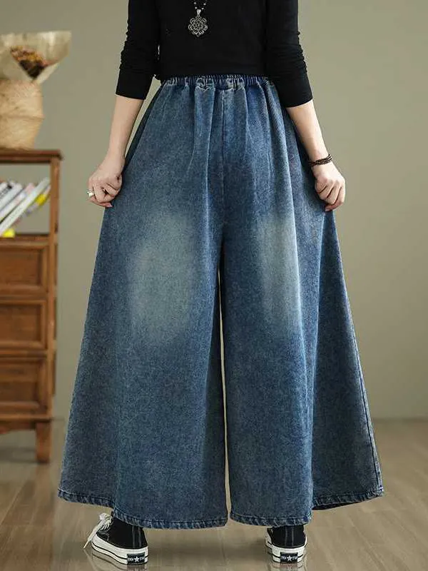 High Waisted Loose Elasticity Pleated Pockets Jean Pants Bottoms