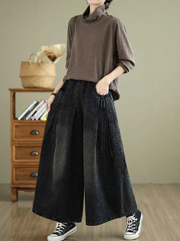 High Waisted Loose Elasticity Pleated Pockets Jean Pants Bottoms