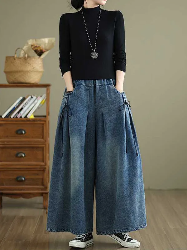 High Waisted Loose Elasticity Pleated Pockets Jean Pants Bottoms