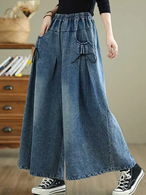 High Waisted Loose Elasticity Pleated Pockets Jean Pants Bottoms