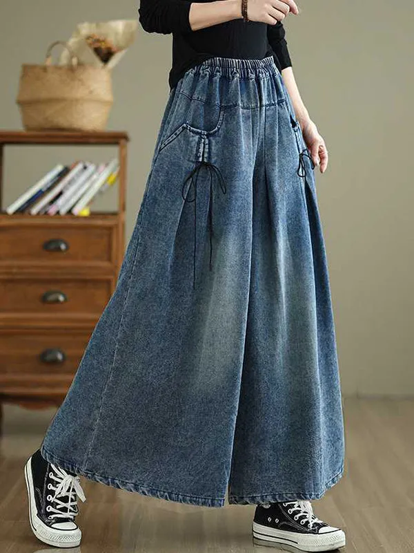 High Waisted Loose Elasticity Pleated Pockets Jean Pants Bottoms