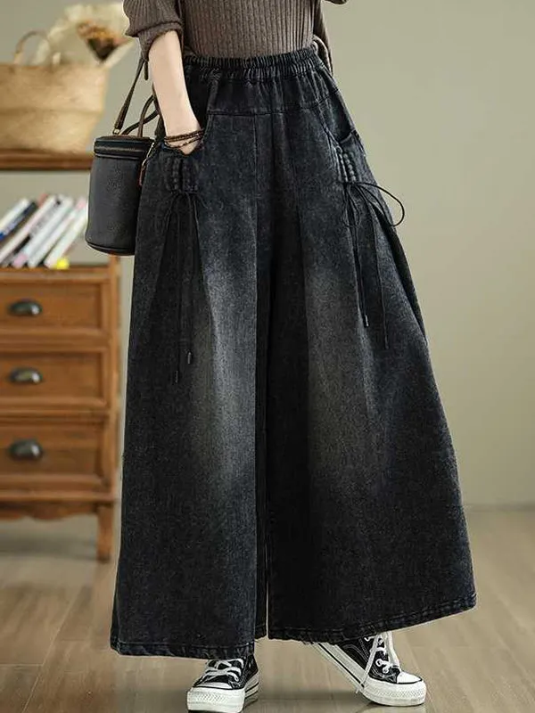 High Waisted Loose Elasticity Pleated Pockets Jean Pants Bottoms