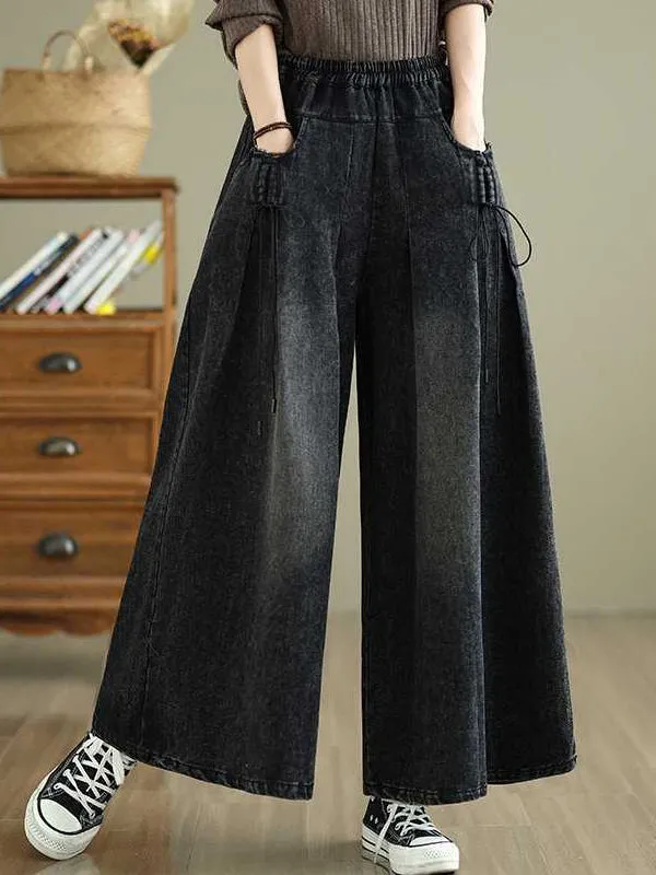 High Waisted Loose Elasticity Pleated Pockets Jean Pants Bottoms