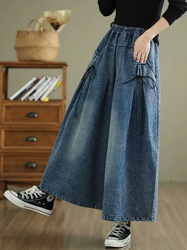 High Waisted Loose Elasticity Pleated Pockets Jean Pants Bottoms