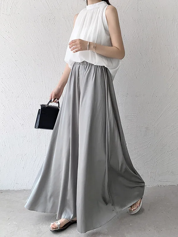 High Waisted Wide Leg Solid Color Casual Pants Bottoms Culotte