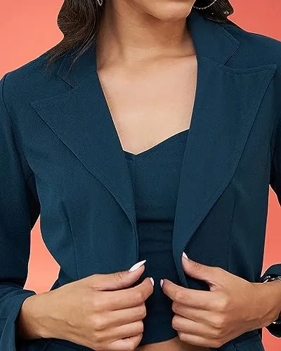 I ENTERPRISE Women's Teal Lycra Solid Three Piece Blazer Co-Ord Set