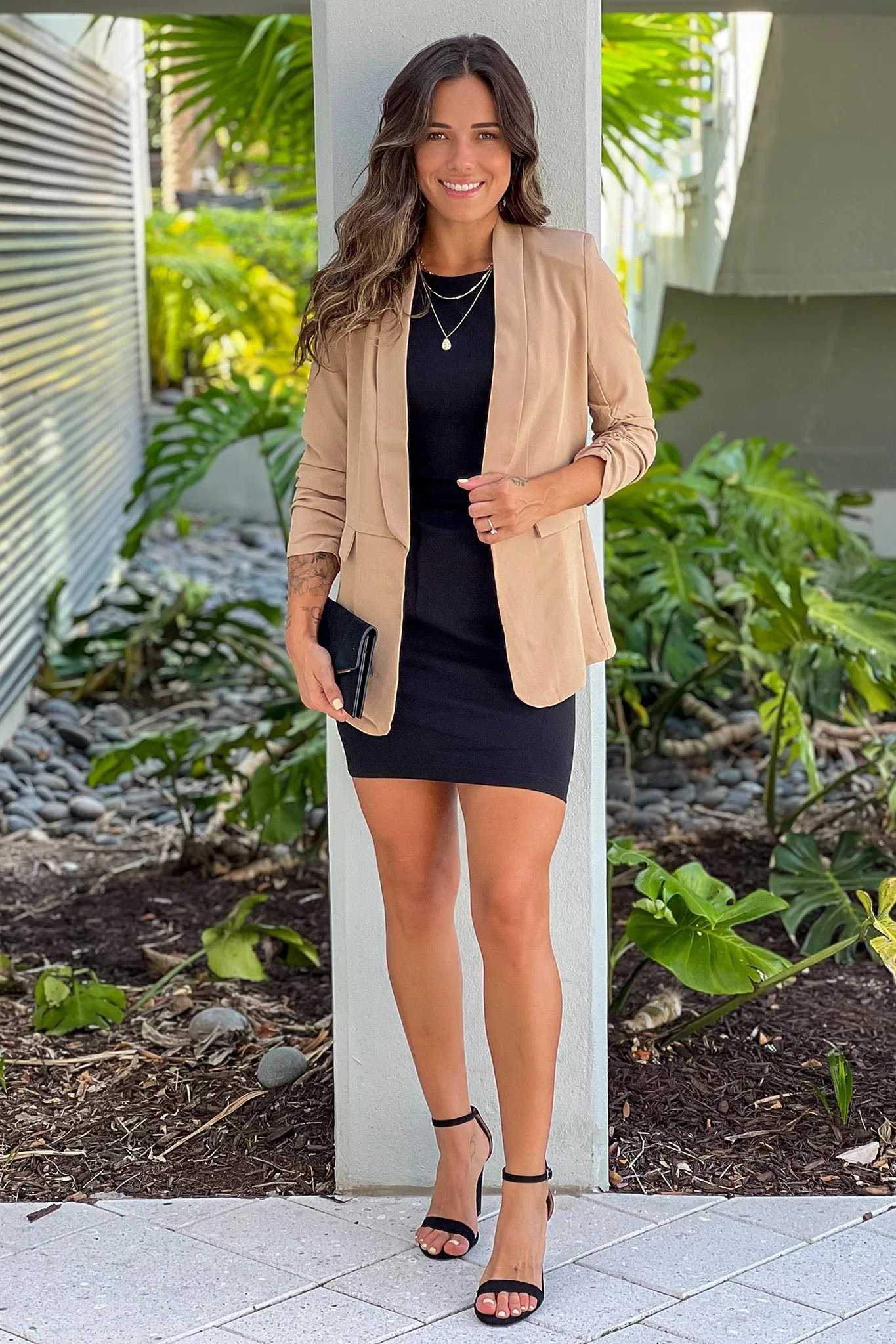 Khaki Ruched Sleeve Blazer