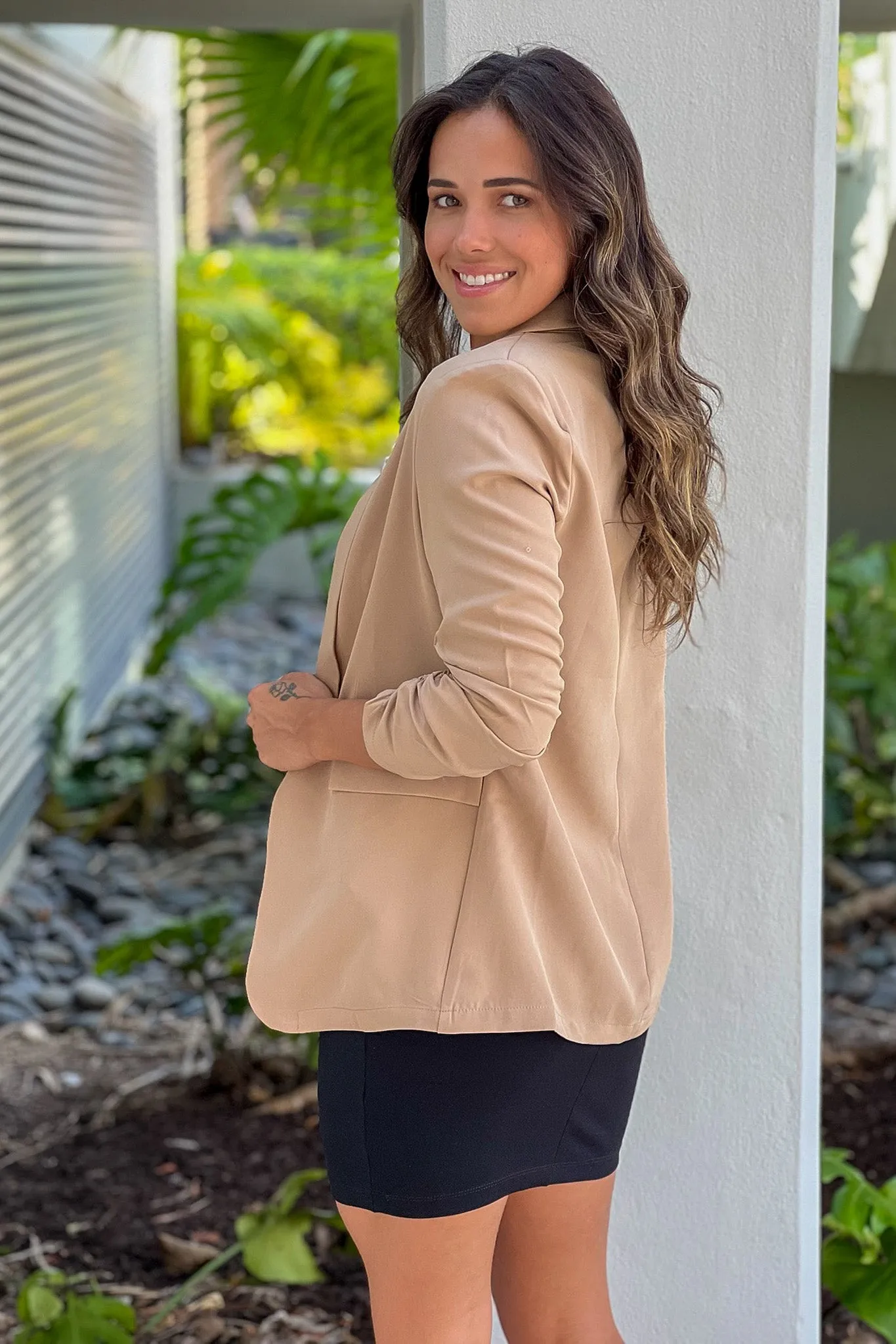 Khaki Ruched Sleeve Blazer