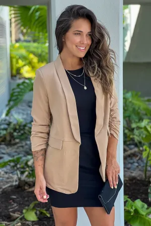 Khaki Ruched Sleeve Blazer