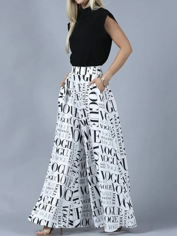 Loose Wide Leg High-Waisted Letter Print Split-Joint Pants Trousers