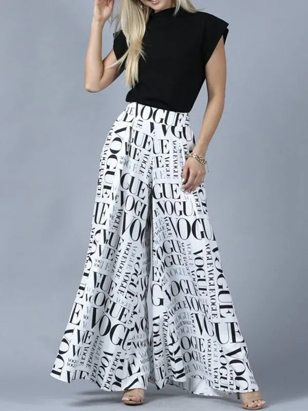 Loose Wide Leg High-Waisted Letter Print Split-Joint Pants Trousers