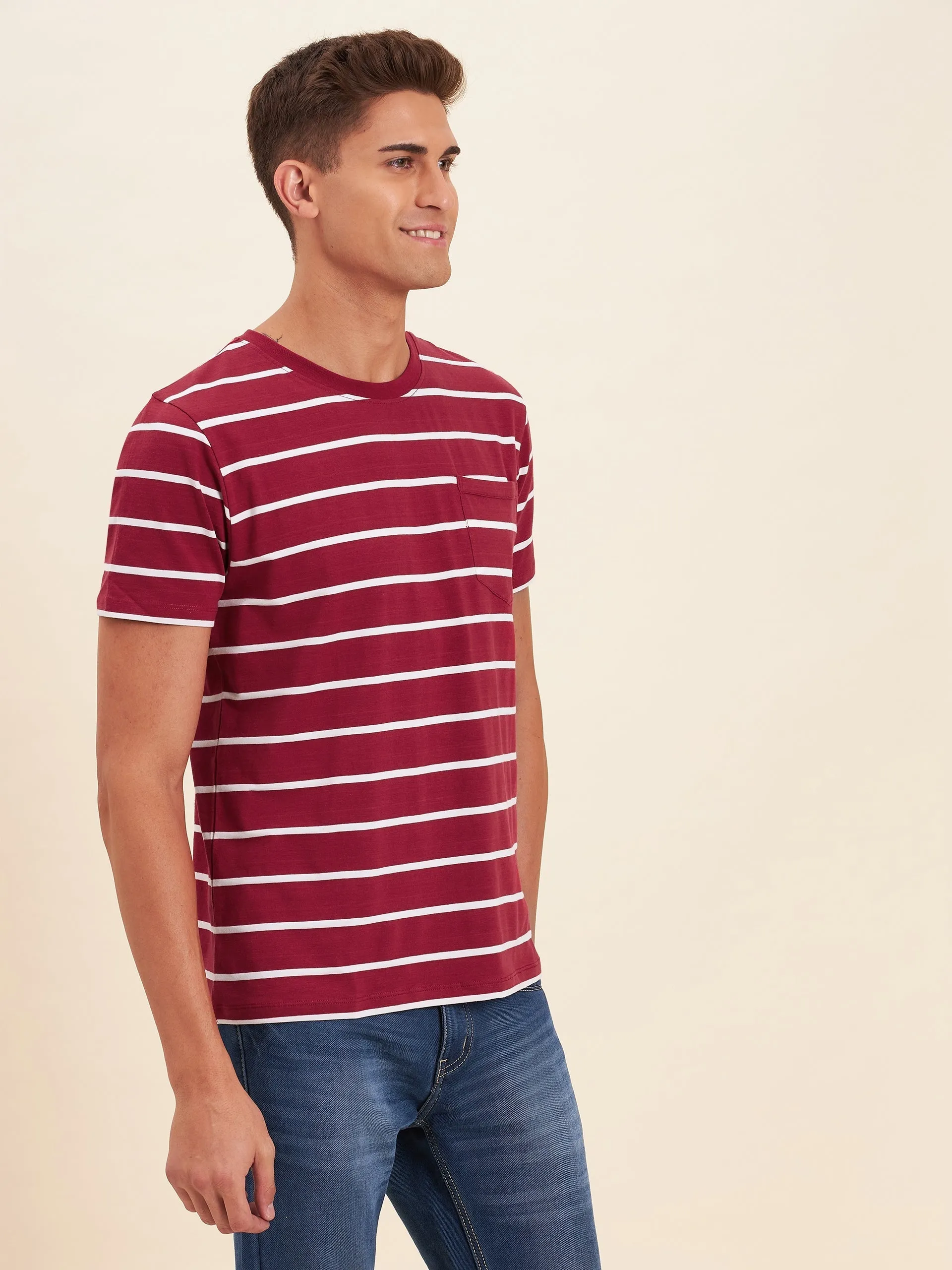 Men Red & White Stripes Pocket Cotton T-Shirt