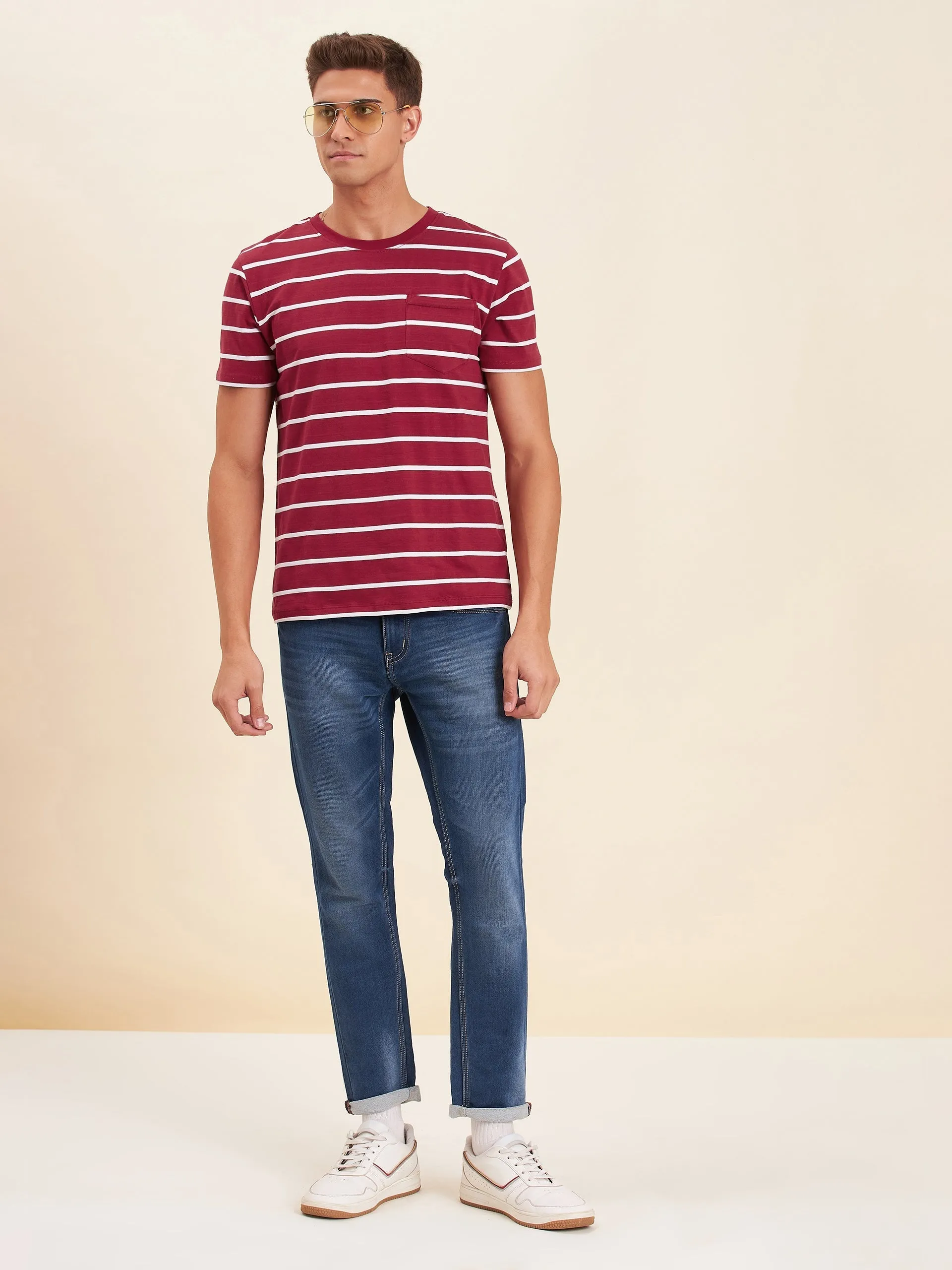 Men Red & White Stripes Pocket Cotton T-Shirt