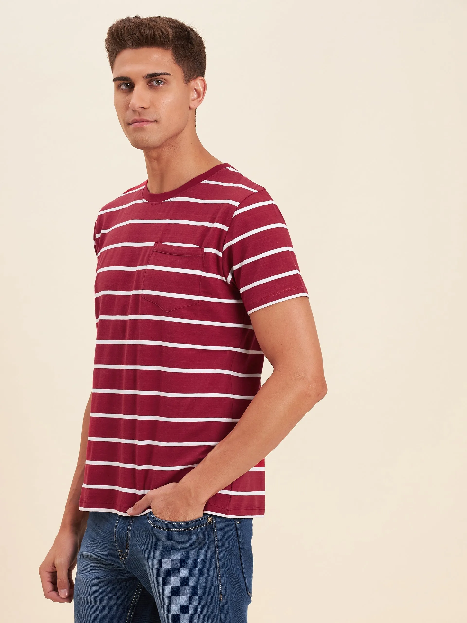 Men Red & White Stripes Pocket Cotton T-Shirt