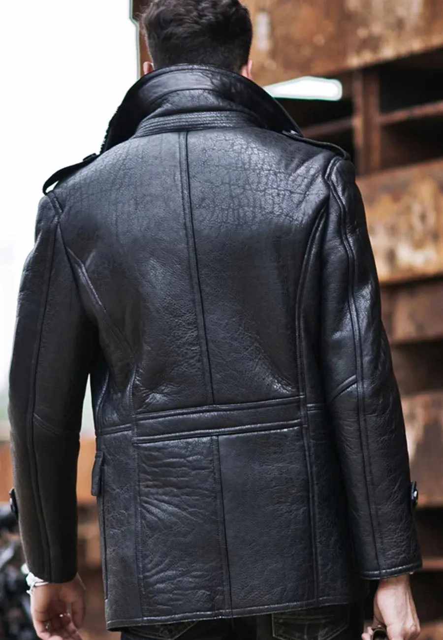 Men’s Black Leather Shearling Long Coat