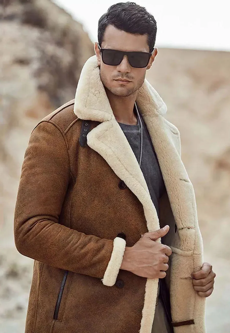 Men’s Camel Brown Leather Shearling Long Coat