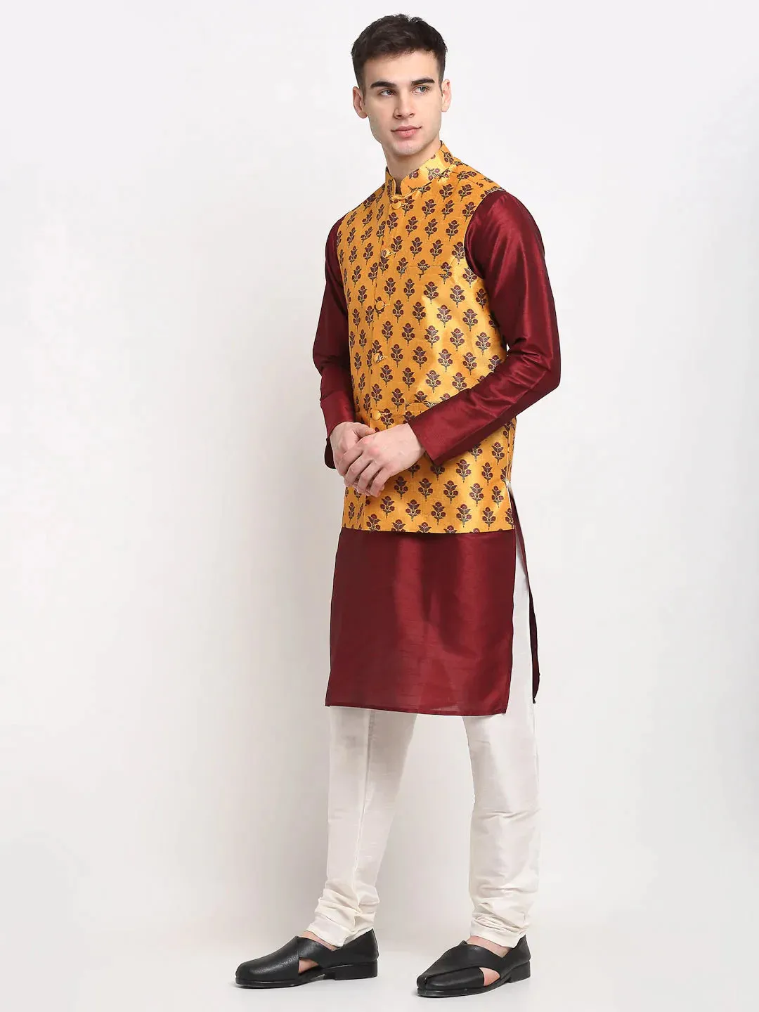 Men'S Maroon Dupion Silk Kurta With Churidar & Nehru Jacket