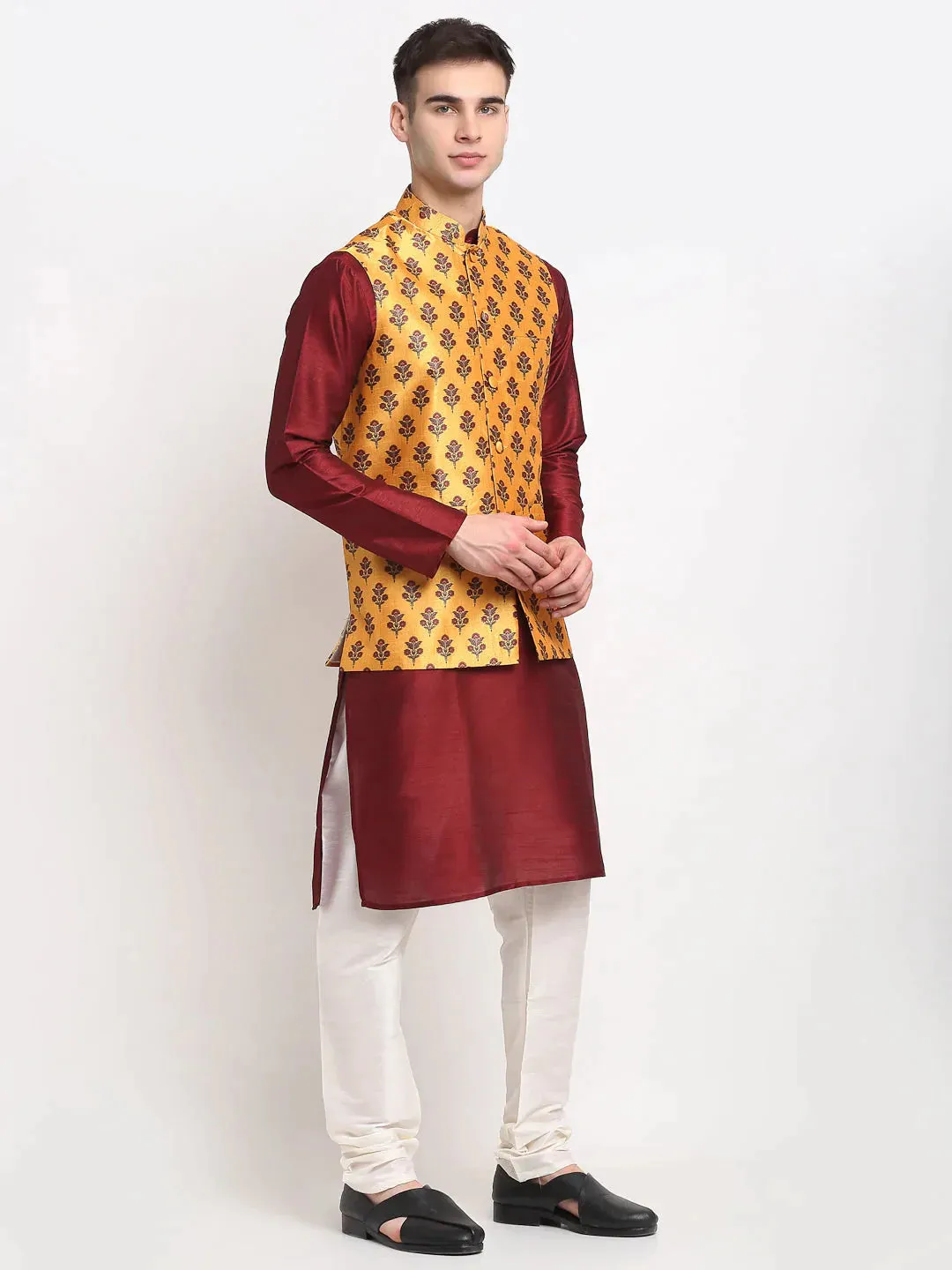 Men'S Maroon Dupion Silk Kurta With Churidar & Nehru Jacket