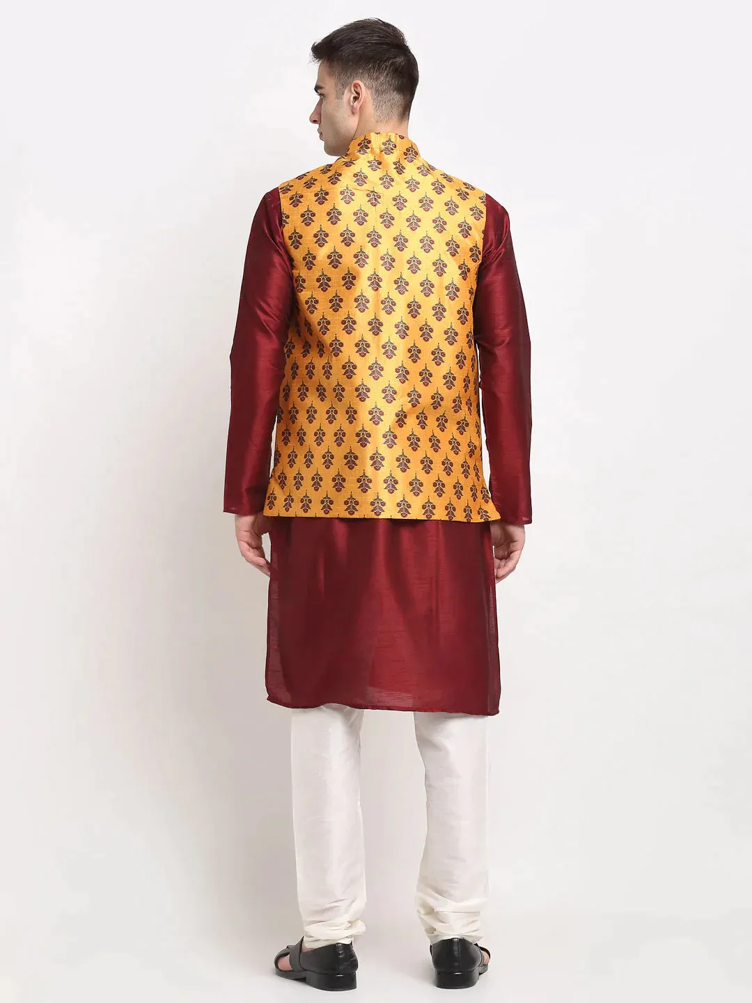 Men'S Maroon Dupion Silk Kurta With Churidar & Nehru Jacket