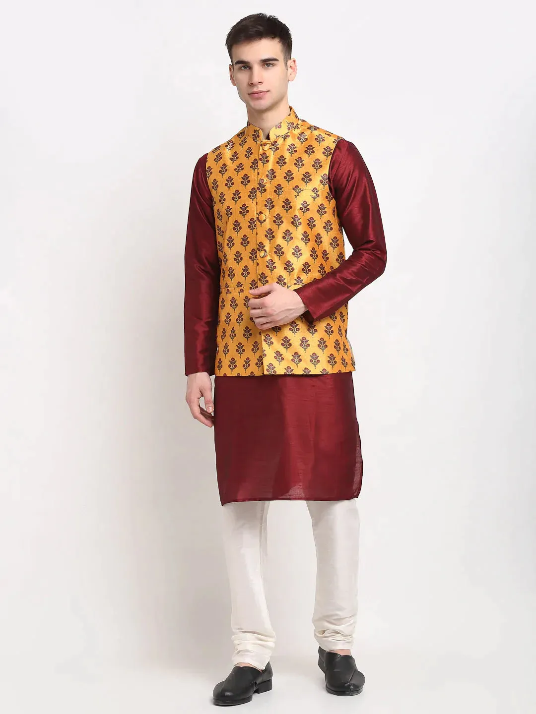 Men'S Maroon Dupion Silk Kurta With Churidar & Nehru Jacket