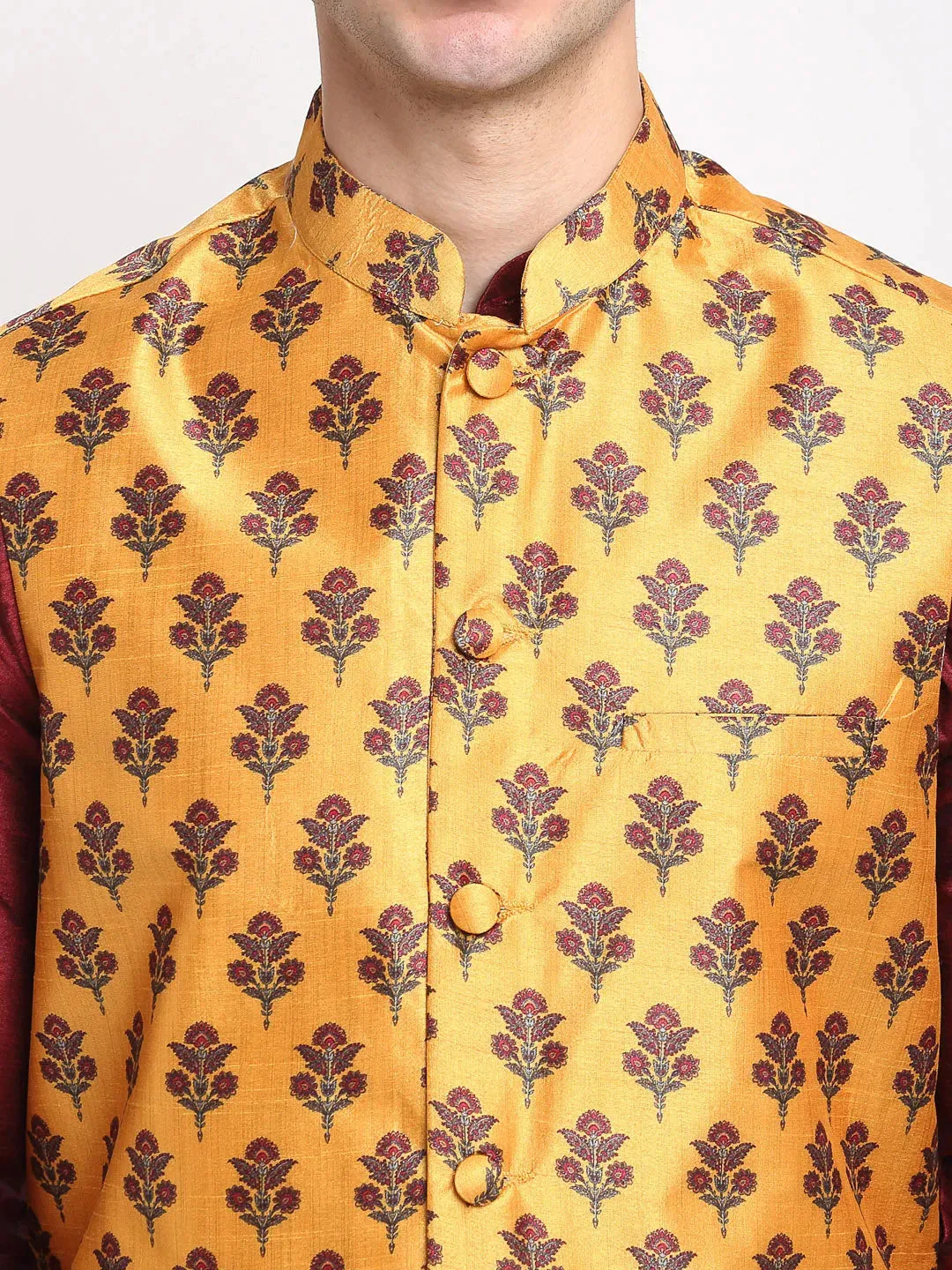 Men'S Maroon Dupion Silk Kurta With Churidar & Nehru Jacket