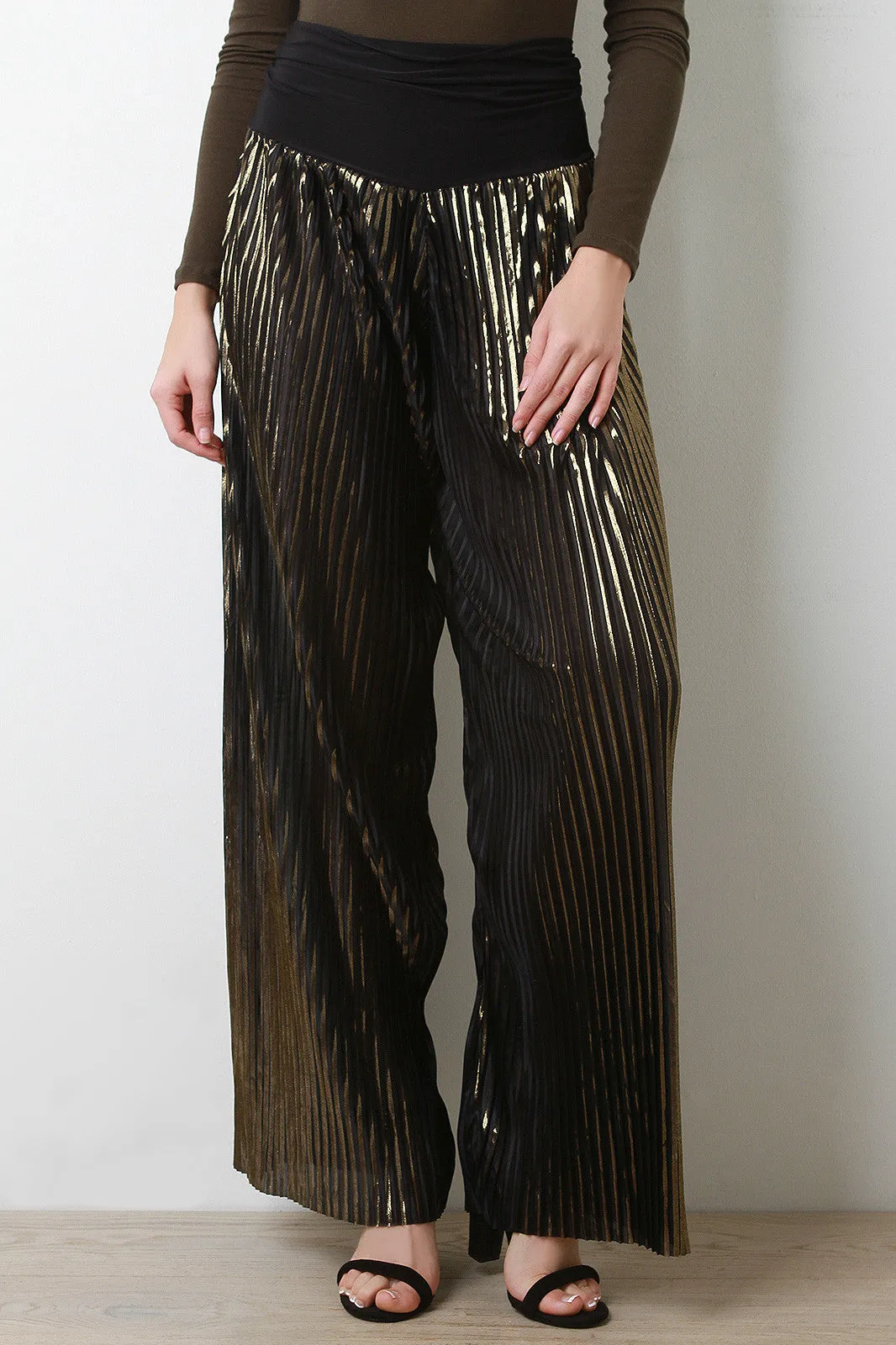 Metallic Accordion Pleated Wide Leg Pants