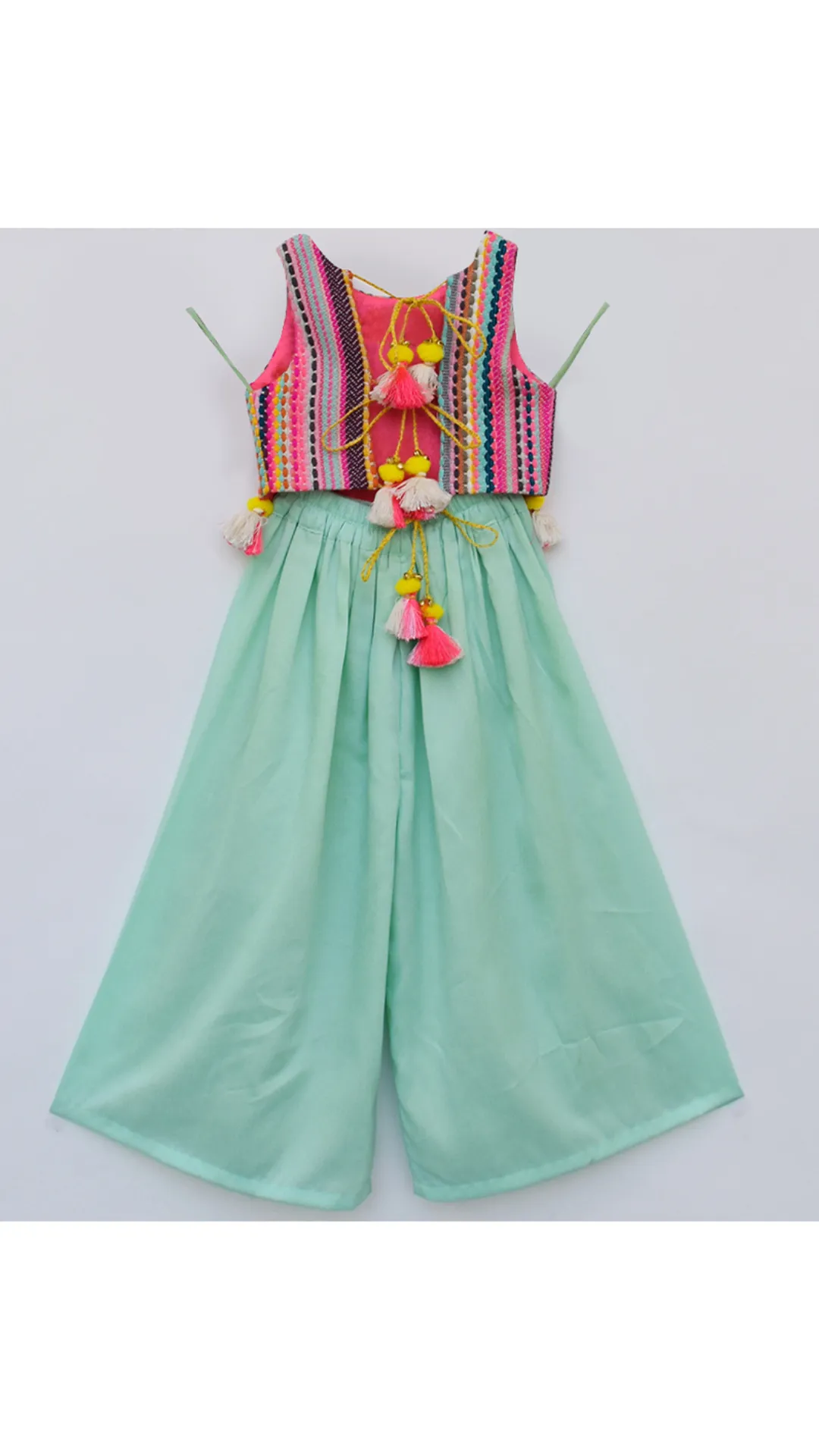 Multi color knitted crop top with aqua blue palazzo pant