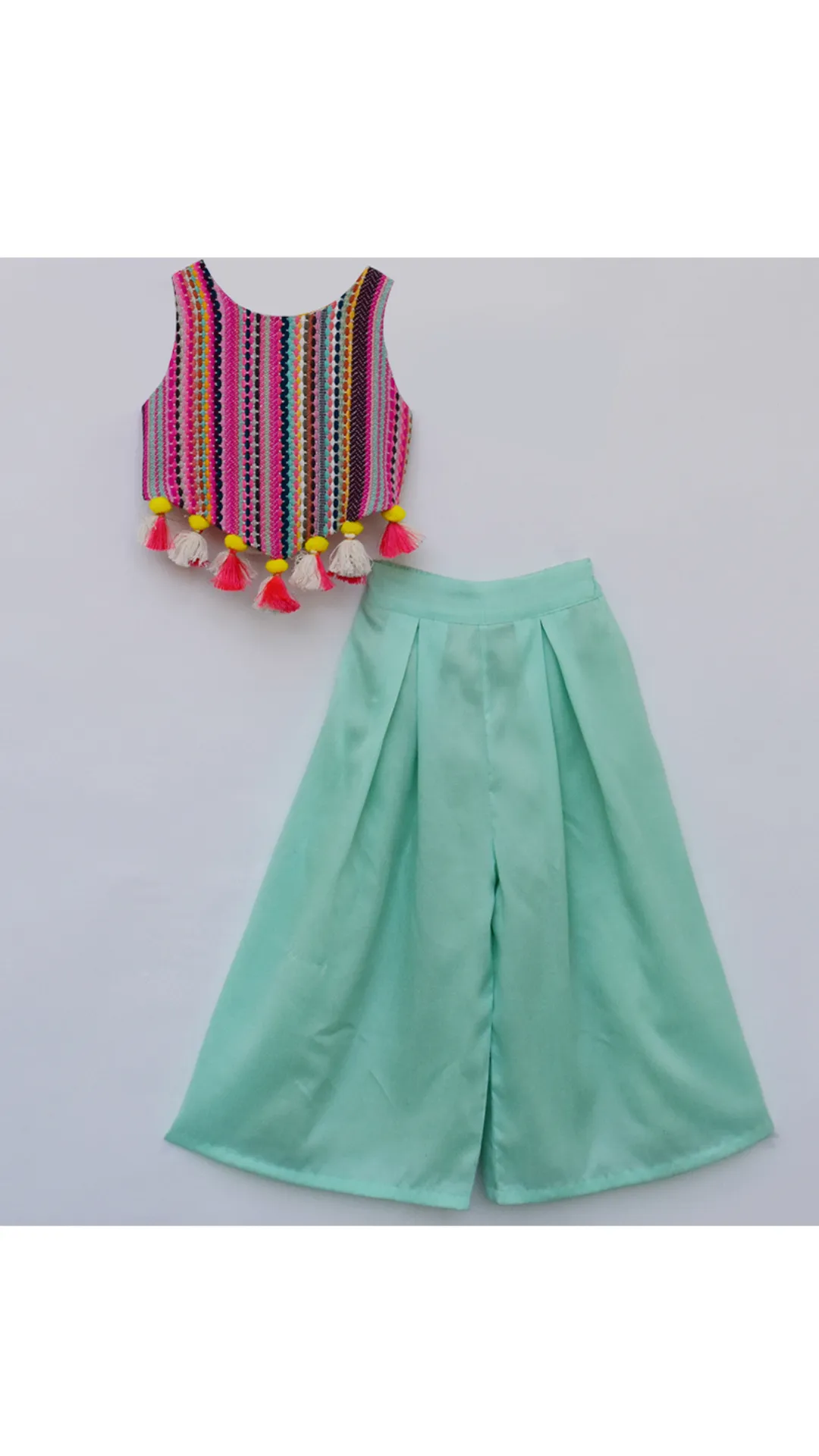 Multi color knitted crop top with aqua blue palazzo pant