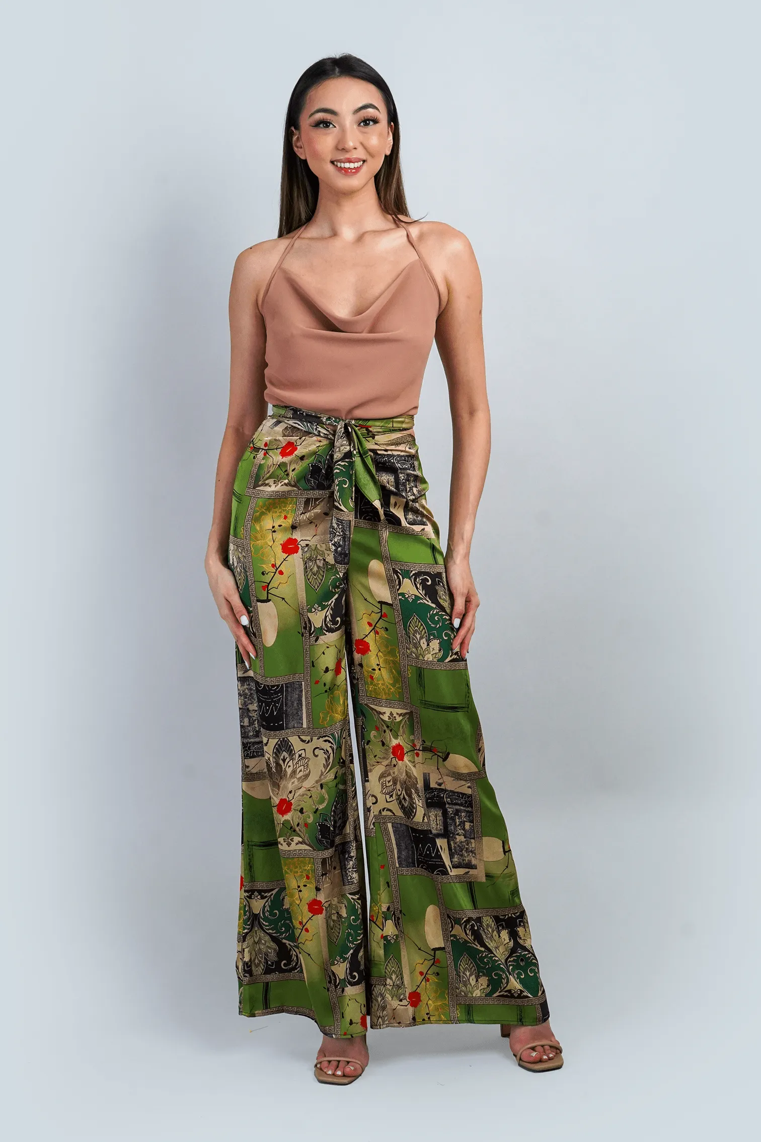 Olive Print  Front Waist Tie Pant