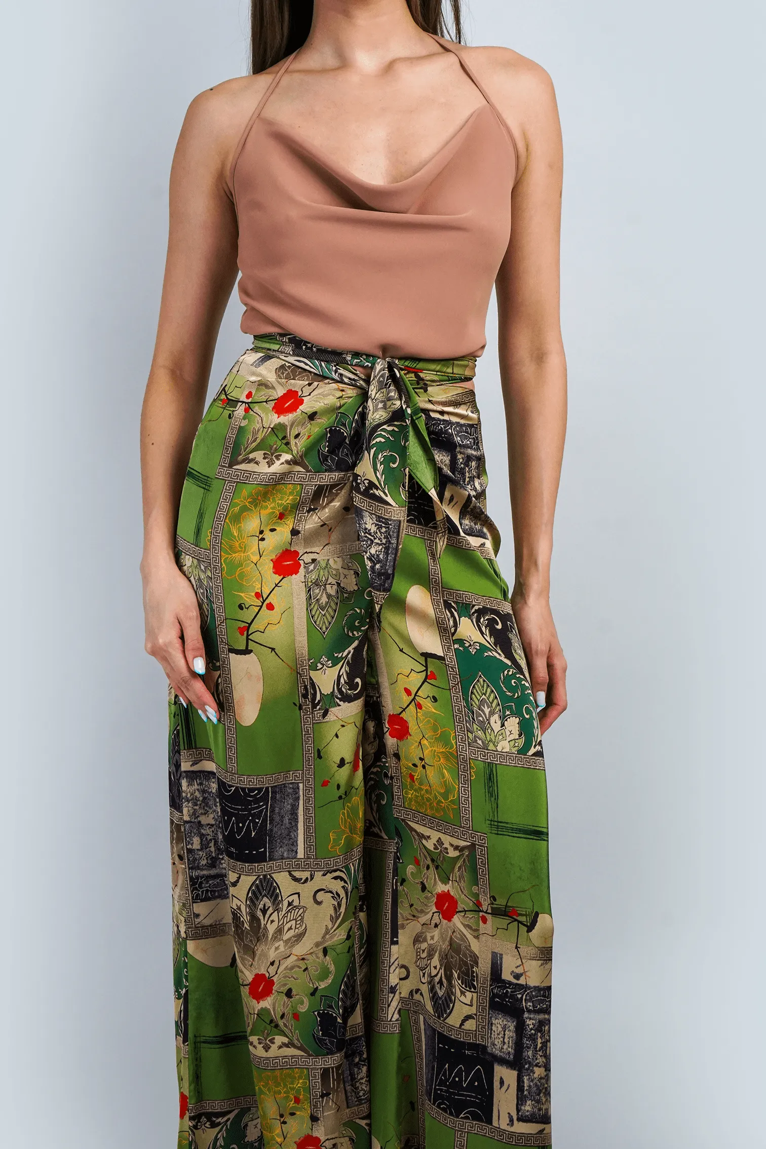 Olive Print  Front Waist Tie Pant