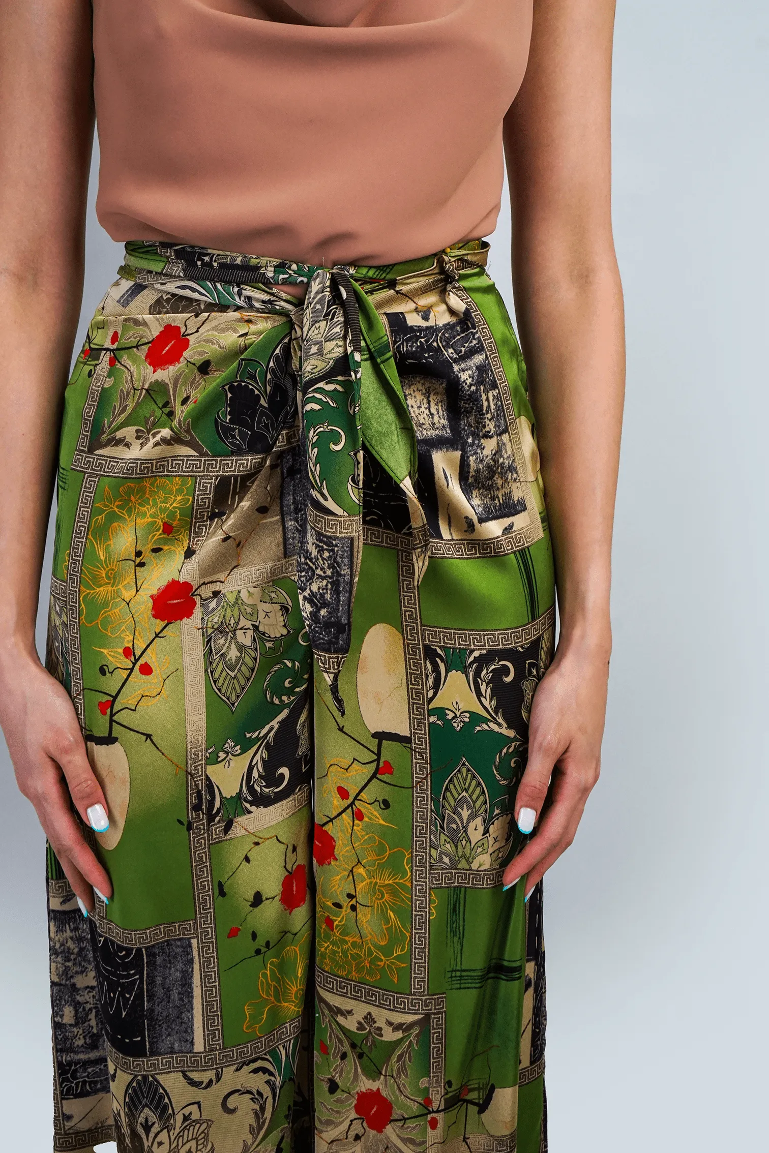 Olive Print  Front Waist Tie Pant