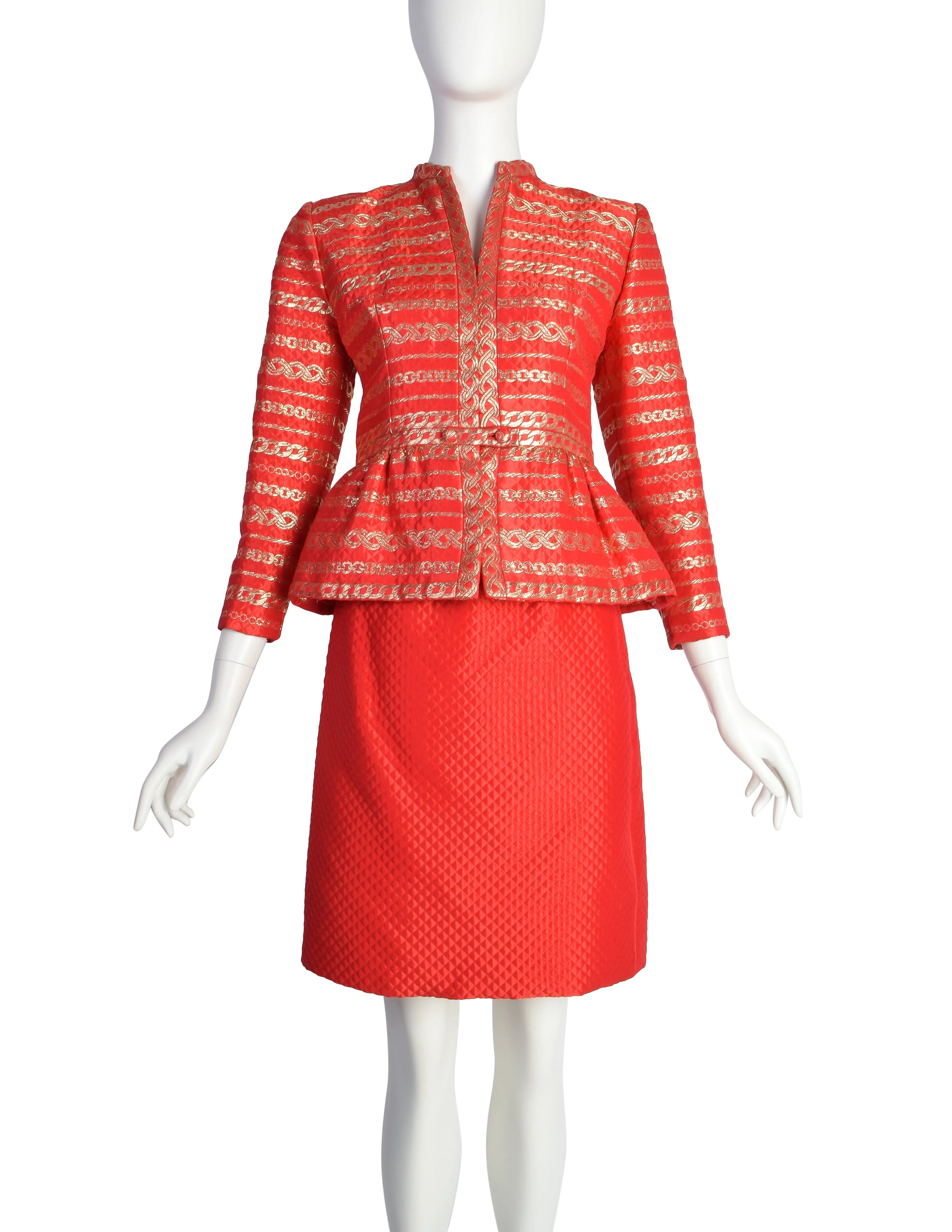 Pauline Trigere Vintage Red and Gold Chain Print Brocade Quilted Satin Jacket Skirt Suit Ensemble