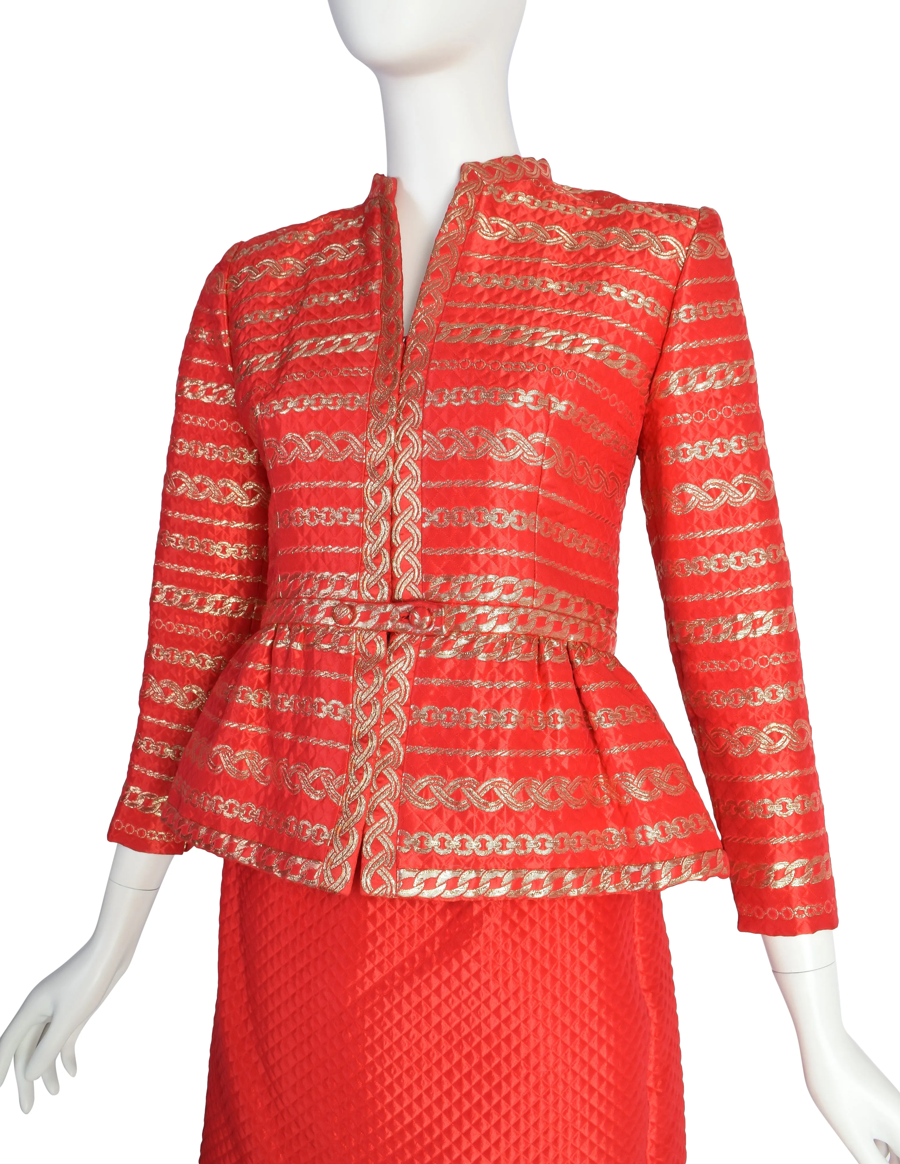 Pauline Trigere Vintage Red and Gold Chain Print Brocade Quilted Satin Jacket Skirt Suit Ensemble