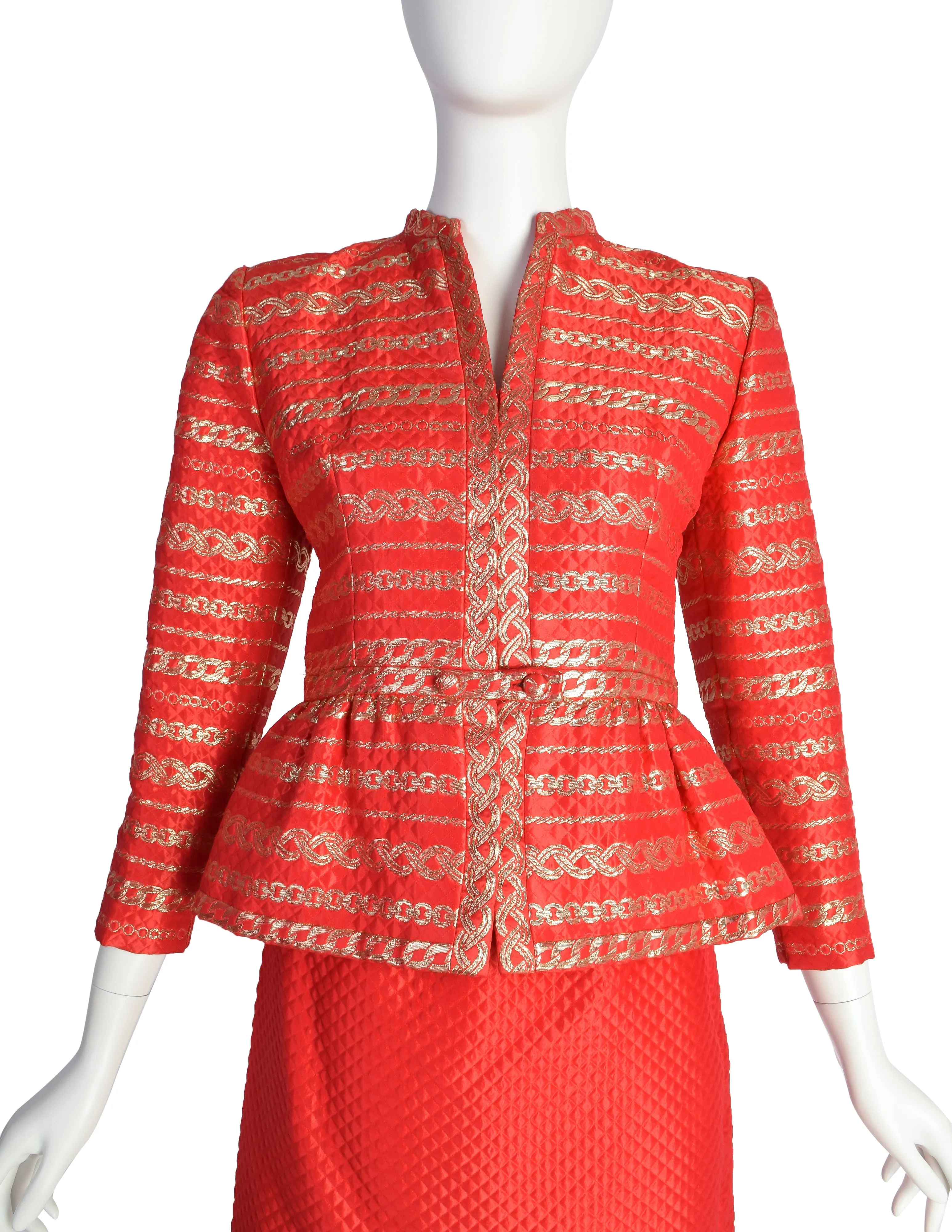 Pauline Trigere Vintage Red and Gold Chain Print Brocade Quilted Satin Jacket Skirt Suit Ensemble