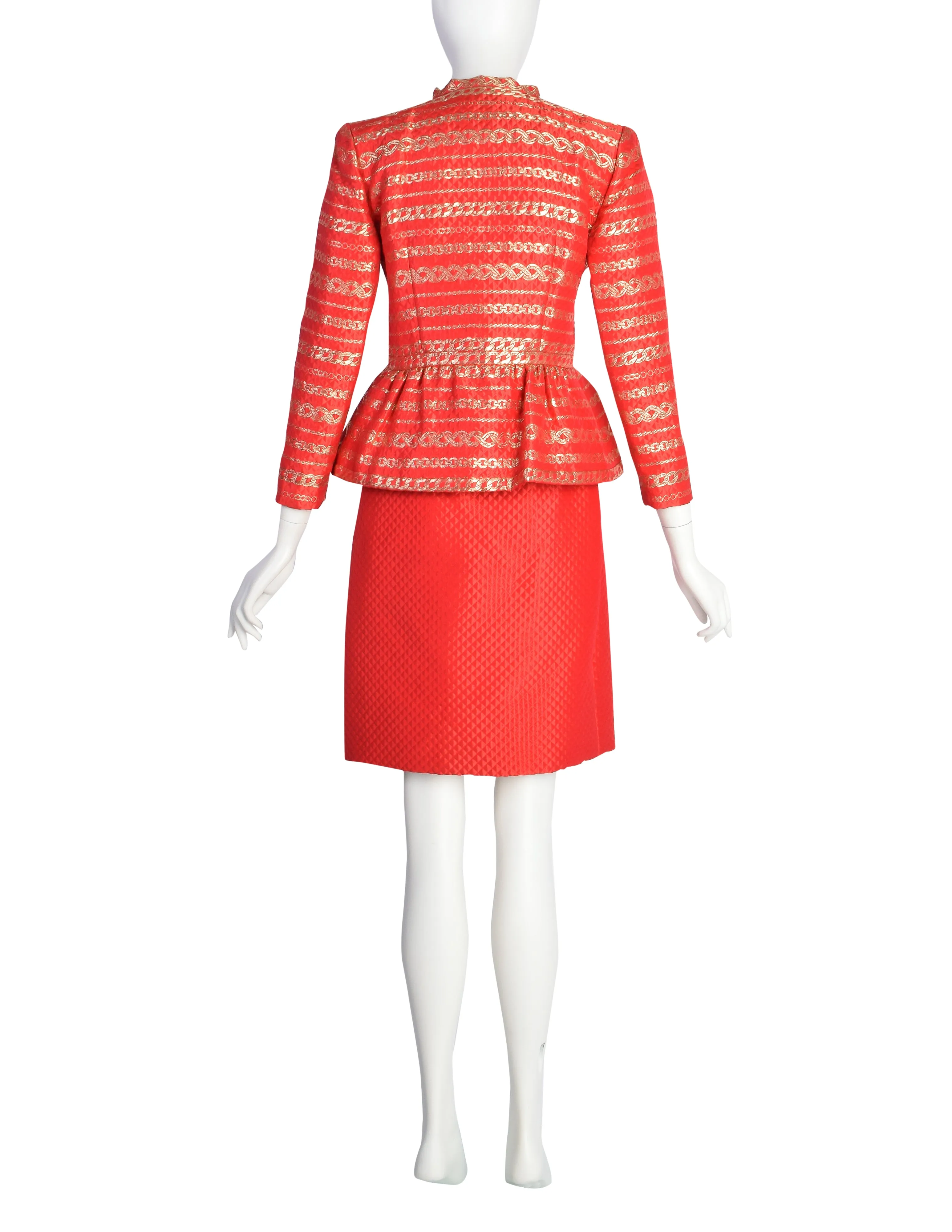 Pauline Trigere Vintage Red and Gold Chain Print Brocade Quilted Satin Jacket Skirt Suit Ensemble