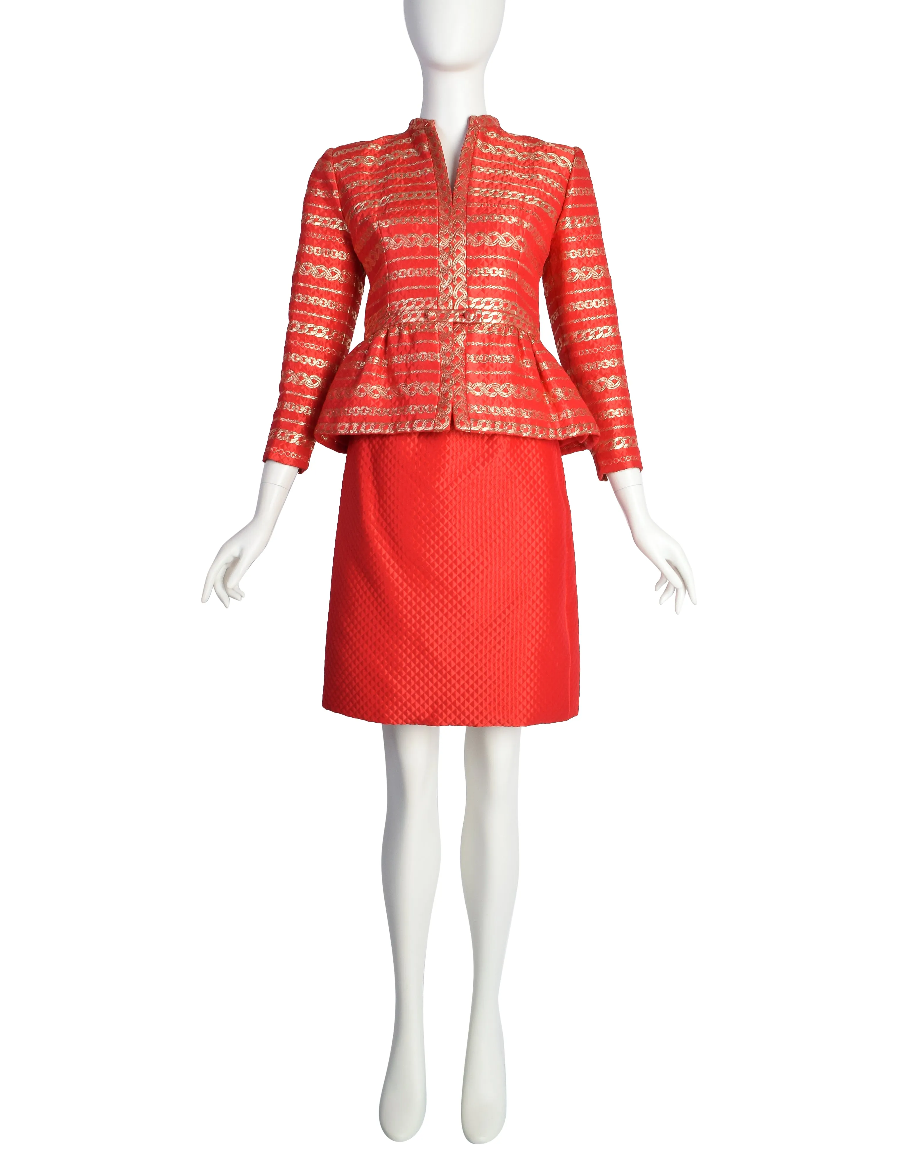 Pauline Trigere Vintage Red and Gold Chain Print Brocade Quilted Satin Jacket Skirt Suit Ensemble