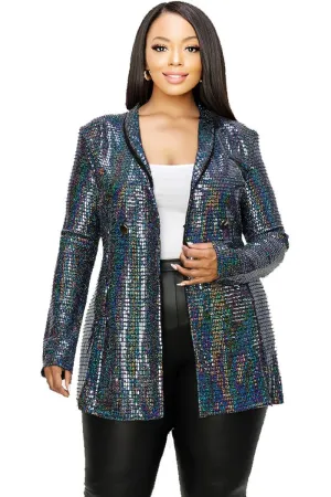 Plus Disco Metallic Sequins Double Breasted Blazer