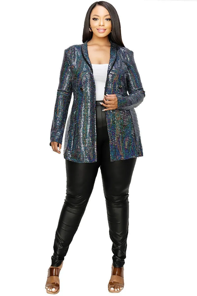 Plus Disco Metallic Sequins Double Breasted Blazer