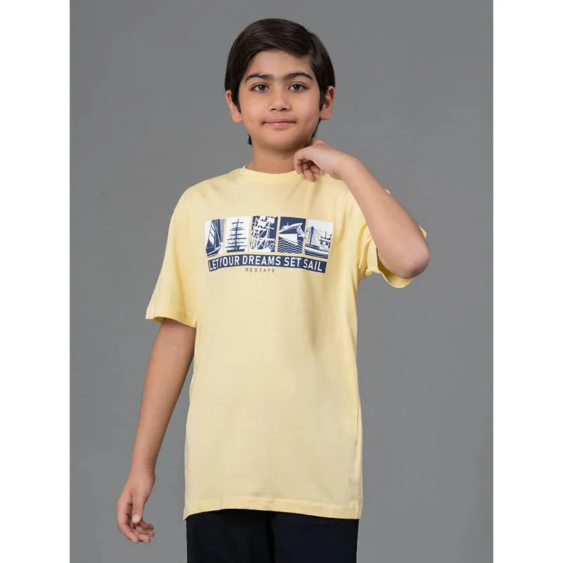 RedTape Kids Unisex T-Shirt- Best in Comfort and ease| Cotton| Light Yellow Colour | Round Neck| Casual look with chest print.