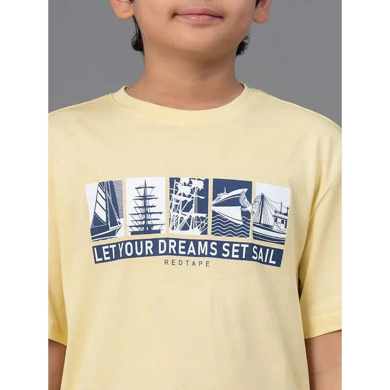 RedTape Kids Unisex T-Shirt- Best in Comfort and ease| Cotton| Light Yellow Colour | Round Neck| Casual look with chest print.