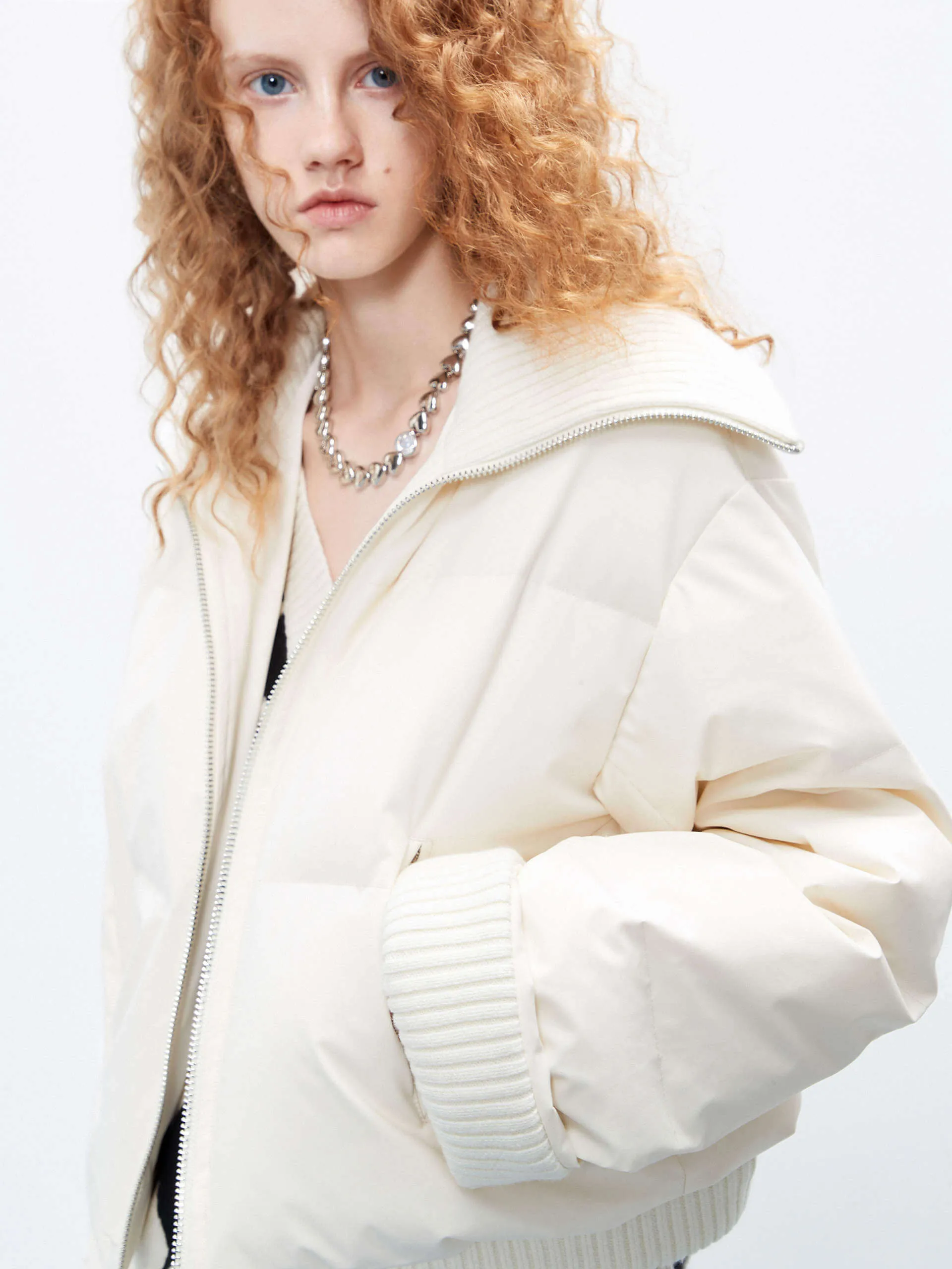 Ribbed Trim Shell Down Jacket