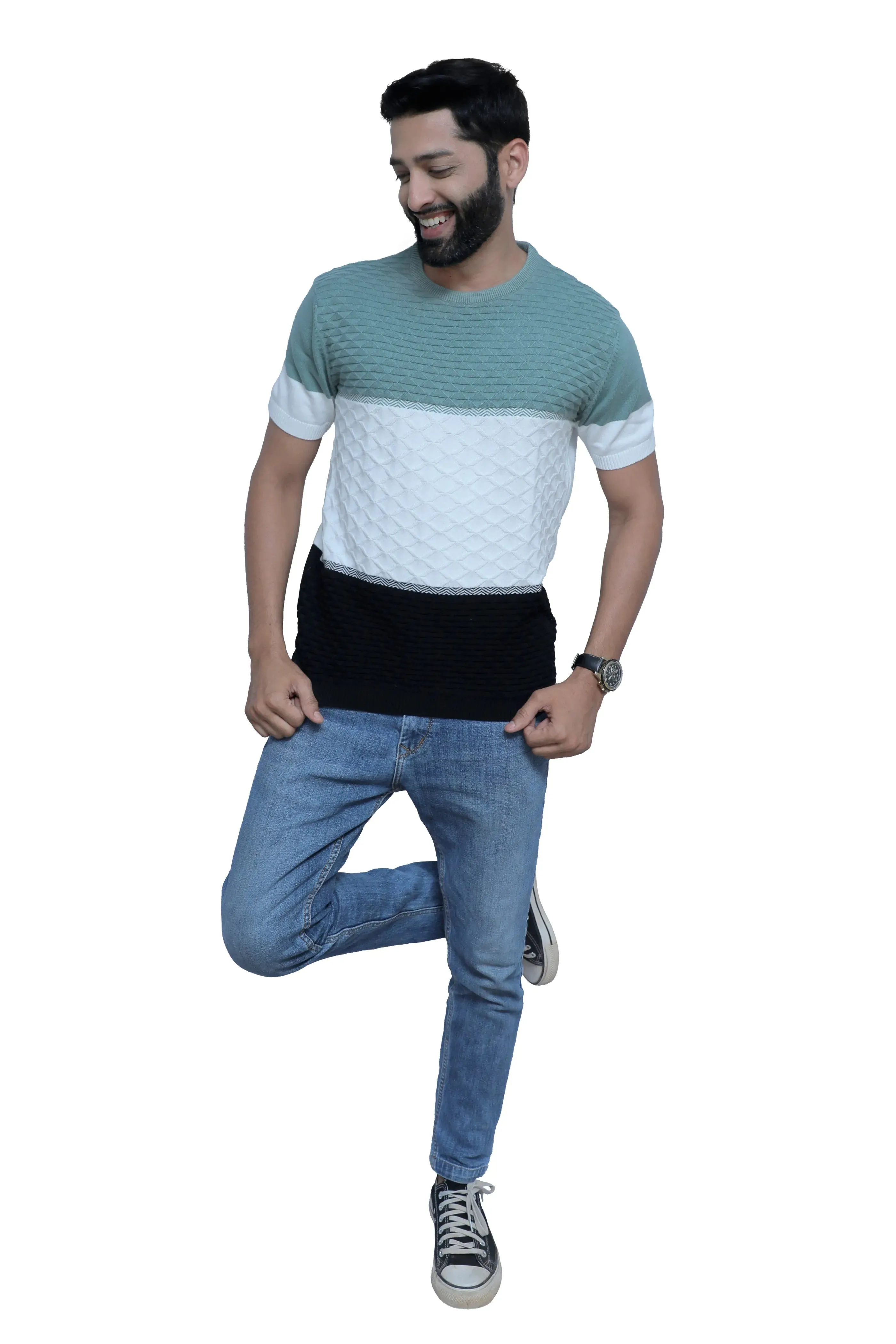 Round Neck Half Sleeve Knitted Tee Stormy Teal